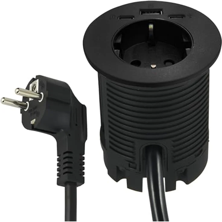 Electraline 62588 Schreibtisch-Steckdosenleiste, Einbausteckdose mit 1 Schuko-Buchse, 2 USB (1 USB Typ C + 1 USB Typ A), 25 W, 2 m Kabel, D60 mm, mit Multimedia-HUB-Funktion – Bild 1