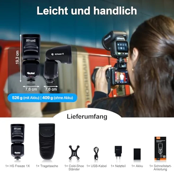 Rollei HS Freeze 1Xs Aufsteckblitz, 100W Speedlite mit 60GN, 1/55.600s, Touchdisplay, 3200 mAh Akku, TTL HSS, Schwarz – Bild 9