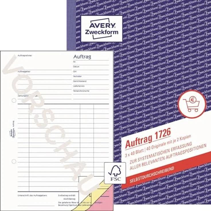 Avery Zweckform Formularblock Formularbuch Auftrag A5, 3x40 Blatt, selbstdurchschreibend, farbige Durchschläge, MwSt. ausgewiesen – Bild 1