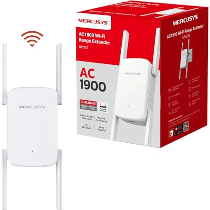 Mercusys ME50G AC1900 WLAN Repeater, 1300 Mbit/s (5 GHz) und 600 Mbit/s (2,4 GHz), mit 4 Antennen und WPS-Funktion