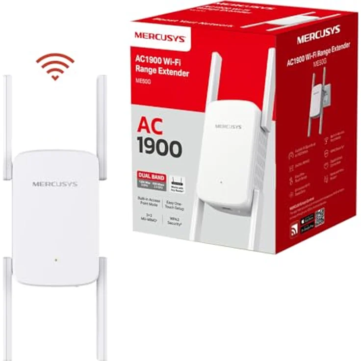Mercusys ME50G AC1900 WLAN Repeater, 1300 Mbit/s (5 GHz) und 600 Mbit/s (2,4 GHz), mit 4 Antennen und WPS-Funktion – Bild 1