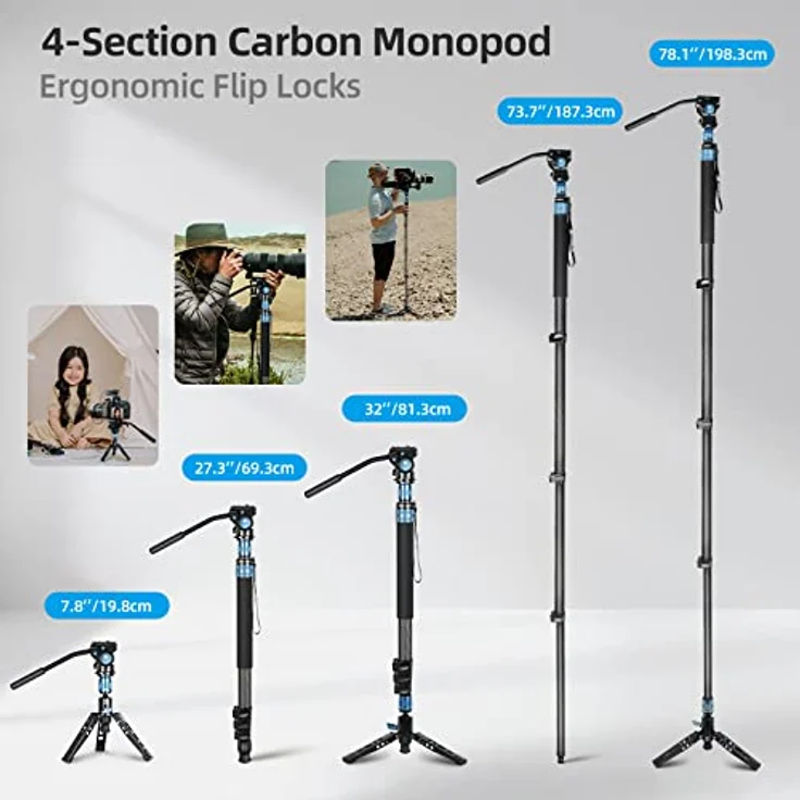 SIRUI P-424FL Kohlefaser Kamera Einbeinstativ Kit, 198CM Heavy Duty Professional Video Einbeinstativ mit VA-5 Fluid Video Kopf, Stativsockel, Flip Locks für DSLR Kamera – Bild 3