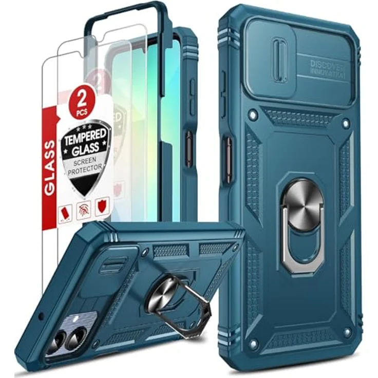 LeYi Hülle für Samsung Galaxy A06, Hybrid Schutzhülle mit 2 Glasfolien, objektivschonender Ringhalterung, kratzfest in Blau – Bild 1