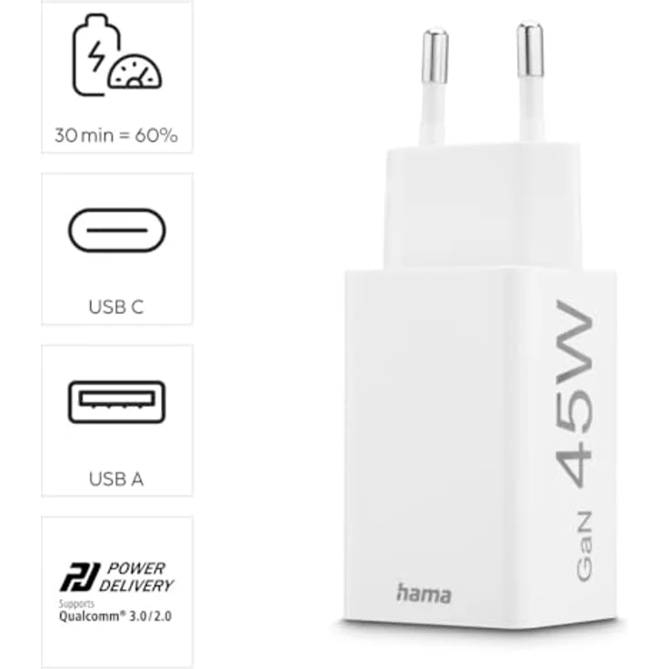 Hama Schnellladegerät USB (Ladegerät mehrfach, USB C, USB A, Handy Tablet Laptop Universal Ladegerät, Netzstecker USB Schnellladen, USB C Netzteil, Power Delivery/Quick Charge 3.0, GaN Charger, 45 W) – Bild 6
