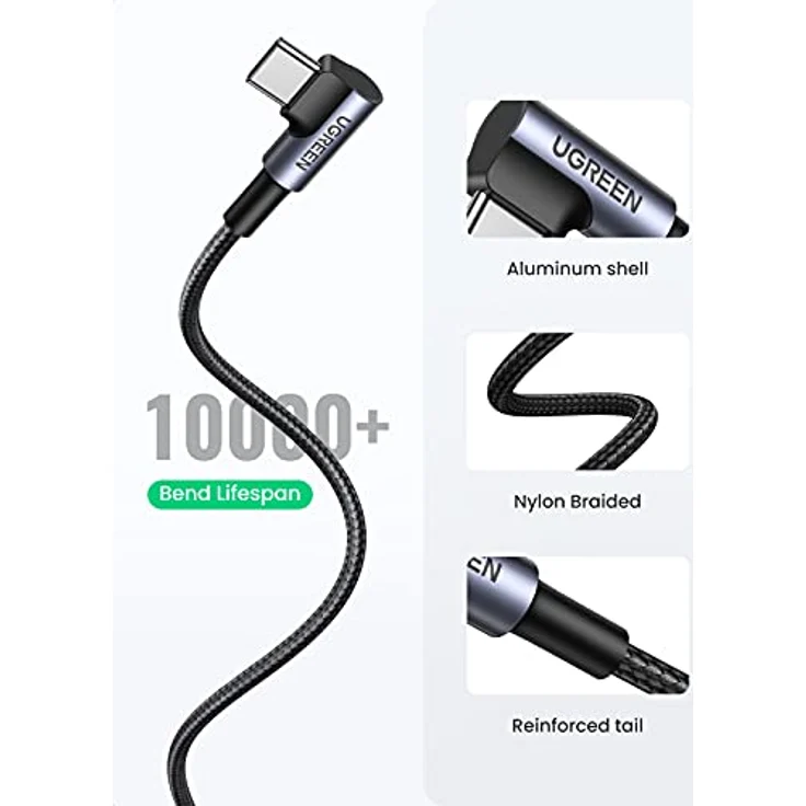 Ugreen USB-A auf USB-C Winkelkabel, 3m Länge, 3A Unterstützung, grau, Nylon geflochten – Bild 6