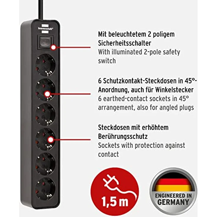 Brennenstuhl Ecolor Steckdosenleiste 6-fach (Steckerleiste mit Schalter und 1,5m Kabel) schwarz – Bild 2