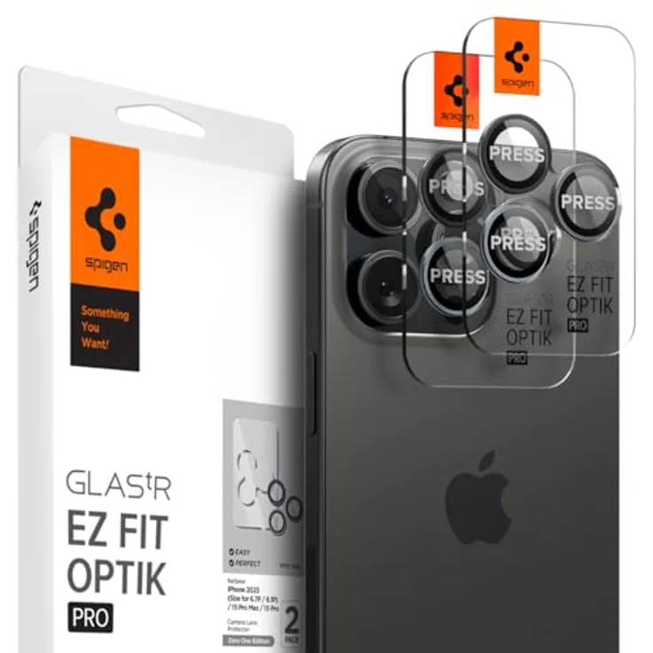Spigen Glas.tR EZ Fit Optik Pro Kameraschutz kompatibel mit iPhone 15 Pro, iPhone 15 Pro Max, iPhone 14 Pro, iPhone 14 Pro Max, 2 Stück, ZeroOne Edition, Individuelle Kameraprotektion, Anti-Kratzer