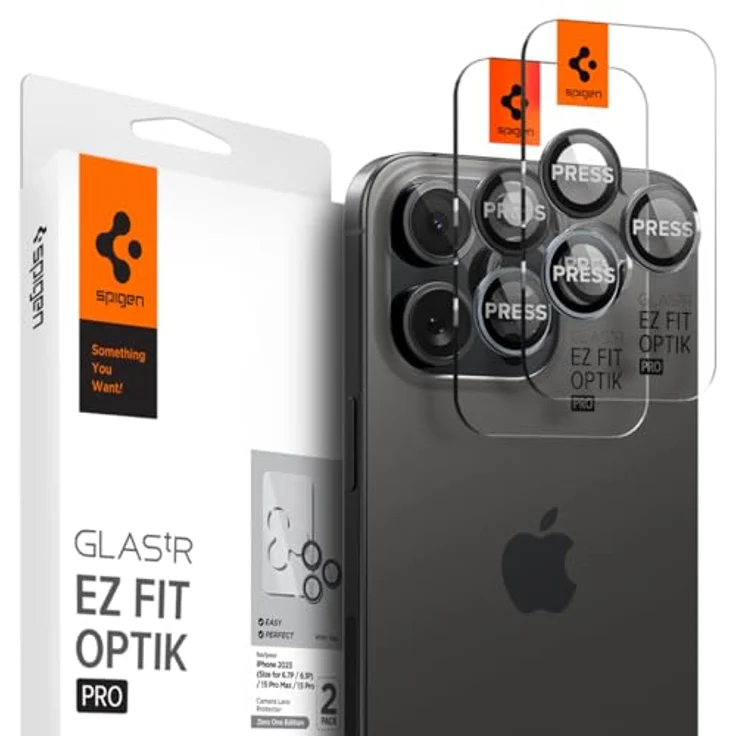 Spigen Glas.tR EZ Fit Optik Pro Kameraschutz kompatibel mit iPhone 15 Pro, iPhone 15 Pro Max, iPhone 14 Pro, iPhone 14 Pro Max, 2 Stück, ZeroOne Edition, Individuelle Kameraprotektion, Anti-Kratzer – Bild 1