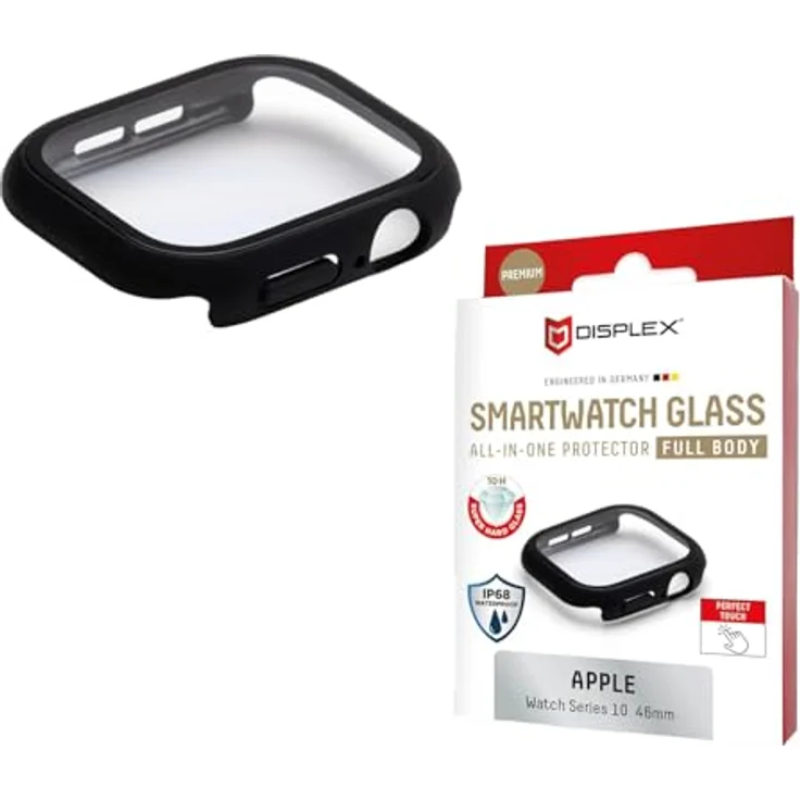 Displex Full-Body Schutzglas für Apple Watch Series 10 46mm, 10H Glas, IPX8 Gehäuseschutz, schwarz, Anti-Fingerprint, aufsteckbar