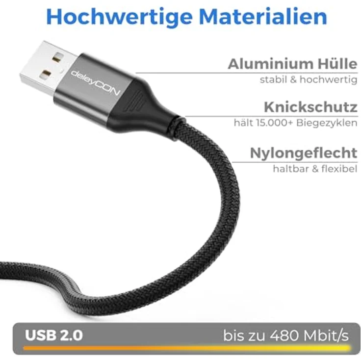 deleyCON 1,5m USB Druckerkabel (für Drucker, Scanner, MIDI) USB-A auf USB-B Kabel Printer Cable Geflochten + Metallstecker für Epson Brother Canon Notebook Tablet PC MacBook HP Samsung, Grau-Schwarz – Bild 4