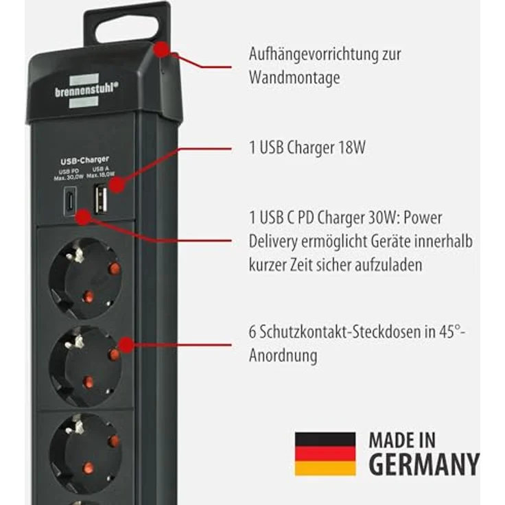 Brennenstuhl Premium-Line Steckdosenleiste 6-fach mit USB C PD 30W und USB A 18W (Schwarz, Made in Germany, 3m Kabel, Wandmontage) – Bild 2