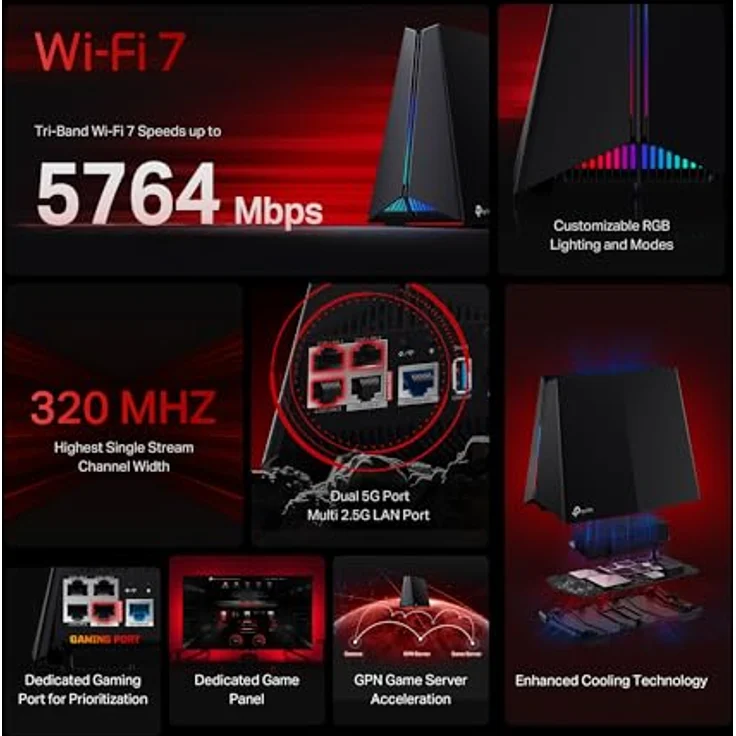 TP-Link Archer GE650, Tri-Band WiFi 7 Gaming Router mit 11 Gbps, 2 × 5G + 3 × 2,5G Ports, Spielbeschleunigung, 6-Stream Technologie – Bild 2