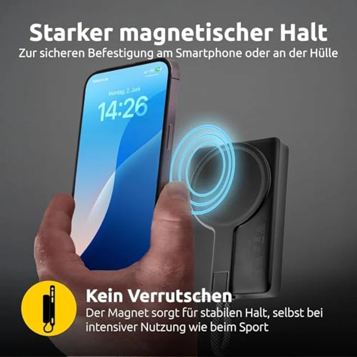 Intenso MC10000 Powerbank, 10.000 mAh mit magnetischer Rückseite, integriertem USB-C Kabel, ultraschnelles Laden PD 3.0 (20W), grau, geprüft in Deutschland – Bild 2