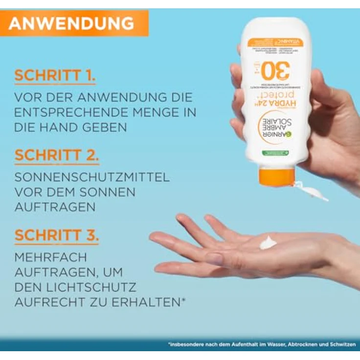 Garnier Ambre Solaire Hydra Protect+ Sonnenschutz-Milch 24h LSF 30, UVA/UVB-Schutz mit Vitamin C, 175 ml – Bild 3