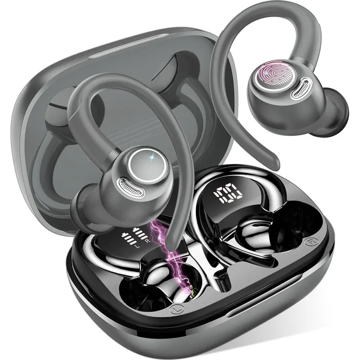 Jesebang Bluetooth 5.3 Sport Kopfhörer mit Ohrbügel, 40H Spielzeit, HD Mikrofon, Dual LED Display, IP7 Wasserschutz, In-Ear Headset