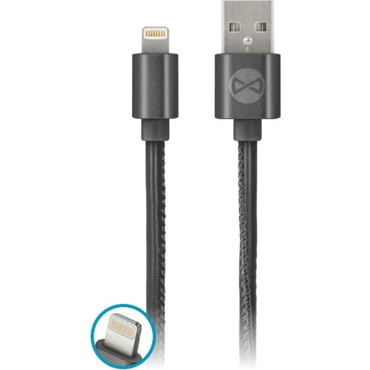 Forever USB Ladekabel, Datenkabel aus Lederimitat in Schwarz, kompatibel mit iPhone 5-XS, 1m, 2A