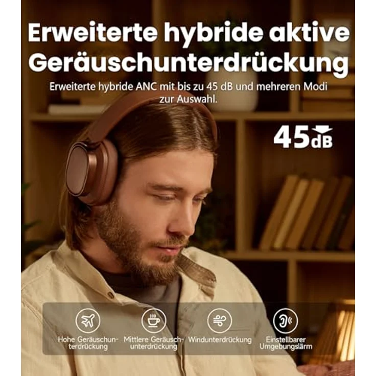 Edifier ES850NB Kabellose Over-Ear-Kopfhörer mit Geräuschunterdrückung, Hi-Res Audio, 92h Spielzeit, Bluetooth 5.4, KI-Anrufgeräuschreduzierung – Braun – Bild 3