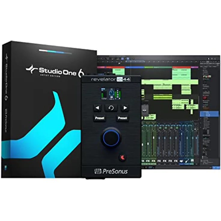 PreSonus Revelator io44 | USB-C-Audio-Interface für Musikproduktion und Streaming mit integriertem Mixer und einfach nutzbaren Presets sowie Studio One DAW Aufnahmesoftware