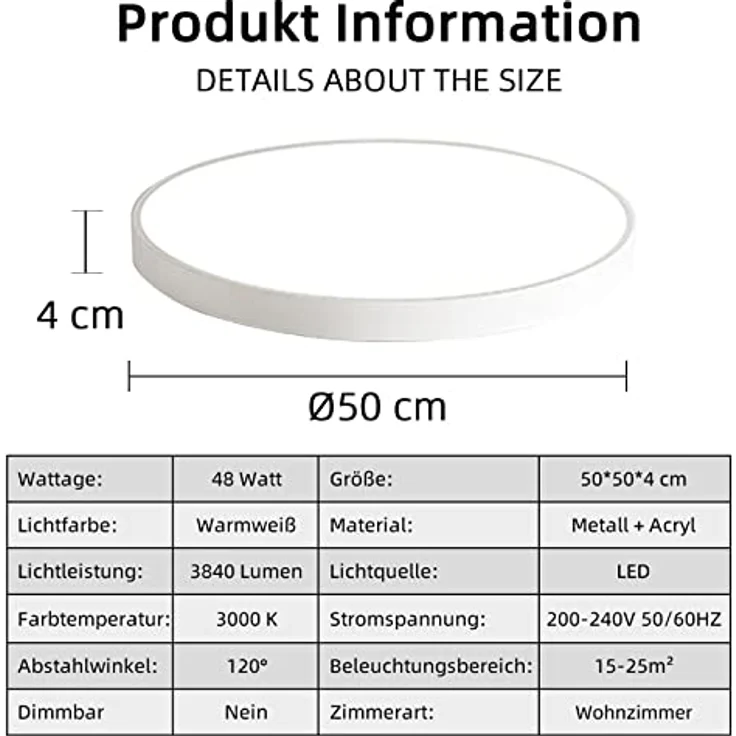 Style home 48W LED Deckenleuchte Ø50x4cm, Warmweiß 3000K, ultraslim runde Lampe aus Metall, Weiß, für Wohnzimmer Schlafzimmer Büro Küche Diele Flur – Bild 2