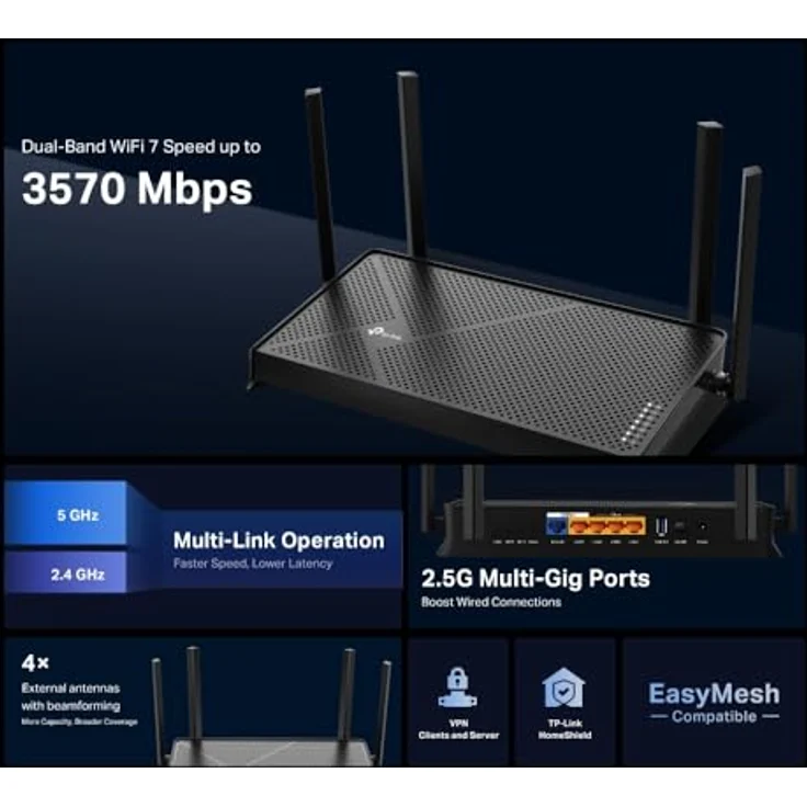 TP-Link BE3600 Dualband-WLAN-Router, drahtlos, bis zu 3,6 Gbit/s, 2,5 G Multi-Gigabit-Anschlüsse, EasyMesh-kompatibel, einfache Konfiguration, ideal für Spiele und Streaming – Bild 4
