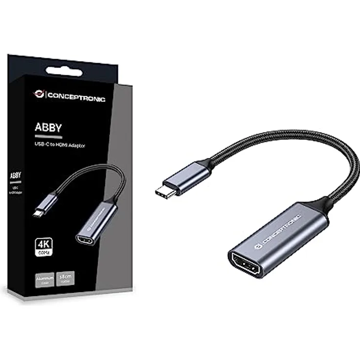 Conceptronic ABBY09G, USB-C-auf-HDMI-Adapter mit 4K 60Hz Unterstützung, Aluminiumgehäuse und geflochtenem Kabel