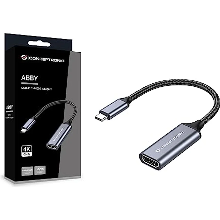 Conceptronic ABBY09G, USB-C-auf-HDMI-Adapter mit 4K 60Hz Unterstützung, Aluminiumgehäuse und geflochtenem Kabel – Bild 1