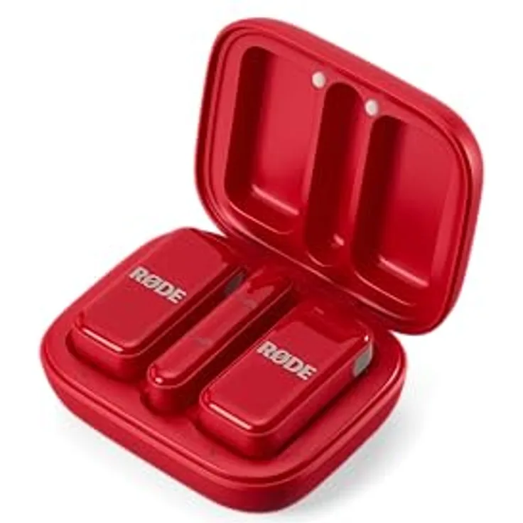 RØDE Wireless Micro, kabelloses Mikrofon-Set mit zwei Mikrofonen und Ladecase für Smartphone, USB-C, Rot, 18 Stunden Akkulaufzeit