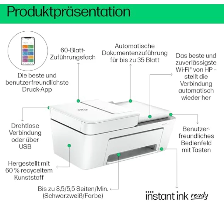 HP DeskJet 4220e Multifunktionsdrucker, 3 Monate gratis drucken mit HP Instant Ink inklusive, HP+, Drucker, Kopierer, Scanner, Mobiler Faxversand, WLAN, Automatische Dokumentenzuführung, Weiß – Bild 3