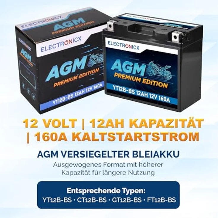 Electronicx YT12B-BS AGM Motorradbatterie 12Ah 12V, wartungsfrei, auslaufsicher, rüttelfest für Motorrad, Roller und Quad – Bild 5