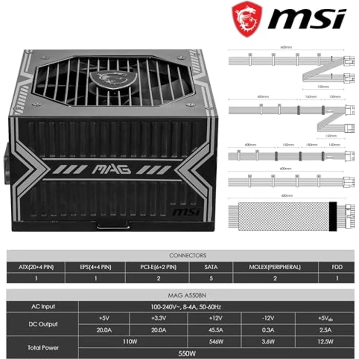 MSI MAG A550BNL Netzteil, 550W, 80 Plus Bronze, ATX PSU mit flachen Kabeln – Bild 5
