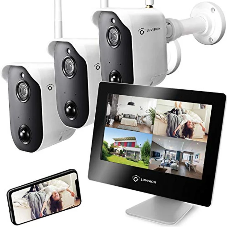 LUVISION Full HD Akku Überwachungssystem Kamera Set mit Monitor Funk kabellos mit Bewegungserkennung Gegensprechanlage App Solar + Flutlicht kompatibel [Set 3X Kamera 1x Touchscreen Monitor] – Bild 1