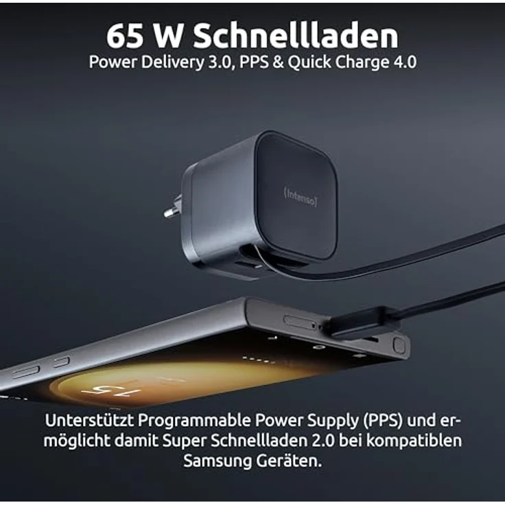 Intenso Power Adapter W65ACIC, Schnellladegerät mit 65 W Leistung, ausziehbarem USB-C Kabel, schwarz – Bild 2