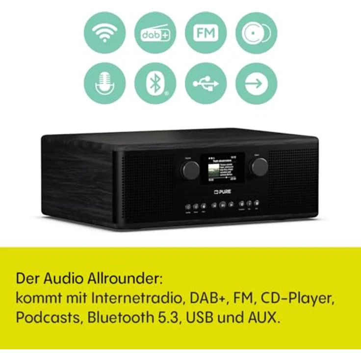 Pure Classic C-D6i All-in-One Internetradio mit WLAN, DAB+/FM, Bluetooth 5.3, CD-Player, USB, AUX, 150 Speicherplätze, 2X 15W Stereo-Sound, Farbdisplay, Wecker & Sleep-Timer in Schwarz – Bild 3