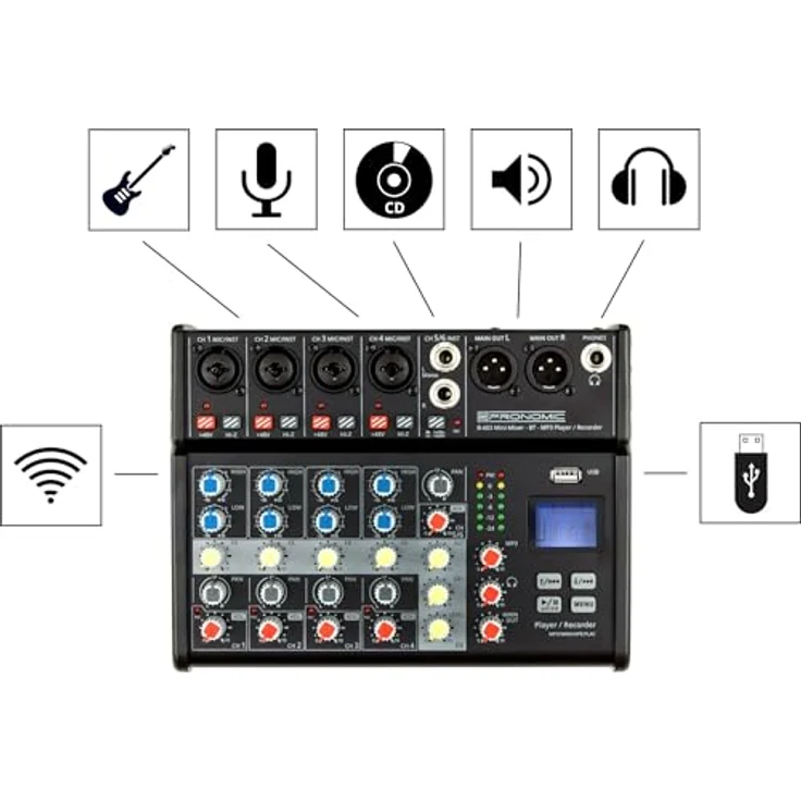 Pronomic B-603 Mini-Mixer mit Bluetooth und USB-Recording - Kompakter 6-Kanal Mixer - Phantomspeisung und Hi-Z Schalter - Schwarz – Bild 4