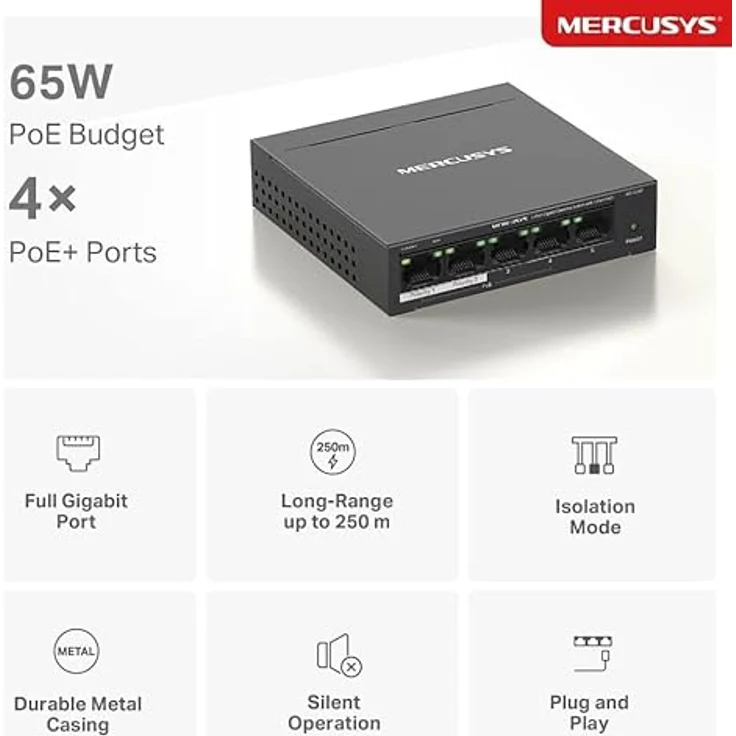 MERCUSYS MS105GP PoE Switch 5-Port Gigabit LAN Switch mit 4 PoE+ Ports (65 Watt, IEEE-802.3af/at PoE, lüfterlos, Plug-and-Play, Robustes Metallgehäuse) – Bild 3