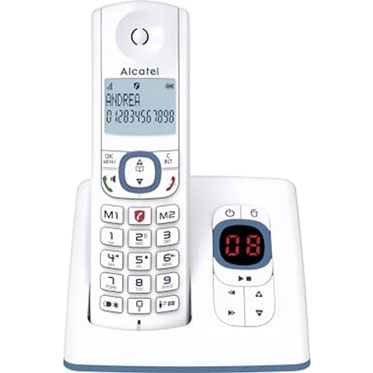 ALCATEL F530 Voice, Schnurloses Festnetztelefon DECT mit Anrufbeantworter, großem beleuchtetem Display, Freisprechfunktion, Anrufblockierungsfunktion, 2 Direktwahltasten, Weiß/Blau
