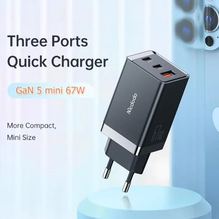 mcdodo 67W USB C Ladegerät GAN 5 3-Port Schnellladegerät PD Netzteil Mehrfach Ladegerät PD3.0/QC4.0/FCP USB C Netzteil - Kompatibel mit MacBook Pro/Air, Laptop, Tablet, Handy - in Schwarz – Bild 4