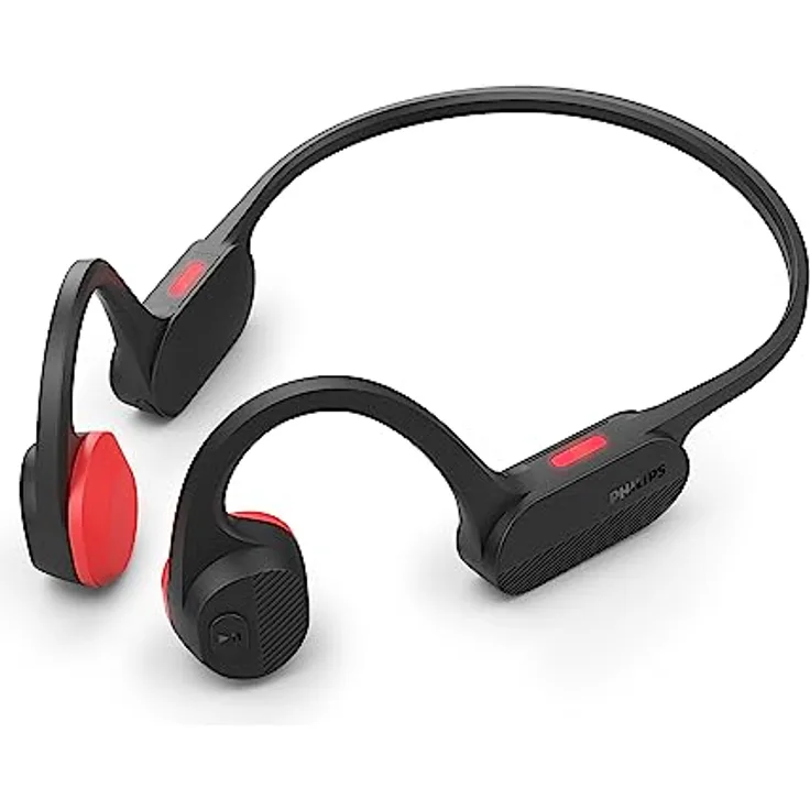 Philips TAA5608BK/00 Kabelloser Open-Ear-Sportkopfhörer|Knochenleitung|Bluetooth LE Audio & LC3|IPX5 wasserbeständig|6 Stunden Wiedergabe|LED-Sicherheitsleuchten|Mikrofon|Tasche|USB-C-Kabel|Schwarz