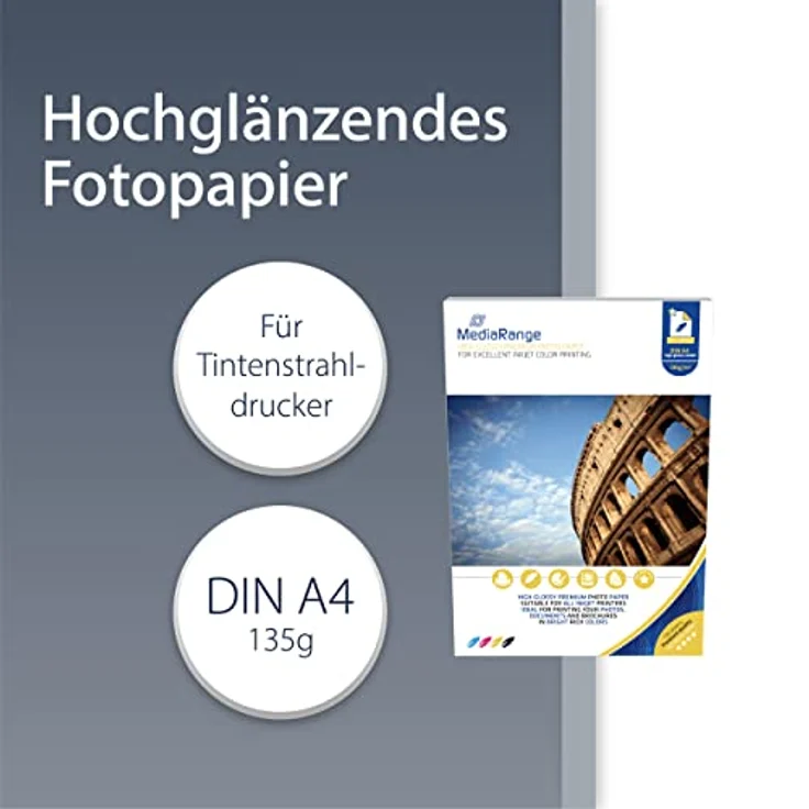 MediaRange DIN A4 Fotopapier für Tintenstrahldrucker, hochglänzend, 135g, 100 Blatt – Bild 3