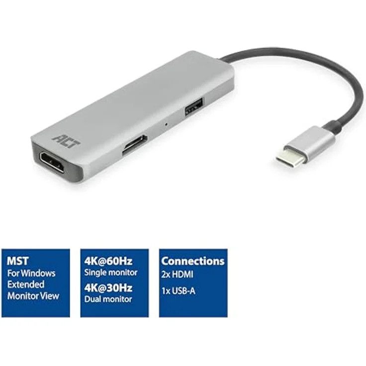 ACT USB C HDMI Adapter AC7013, Aluminium Gehäuse, 4K @ 30Hz Dual HDMI, USB 3.0-Anschluss 5Gbps zur Verbindung von 2 zusätzlichen Monitoren – Bild 2
