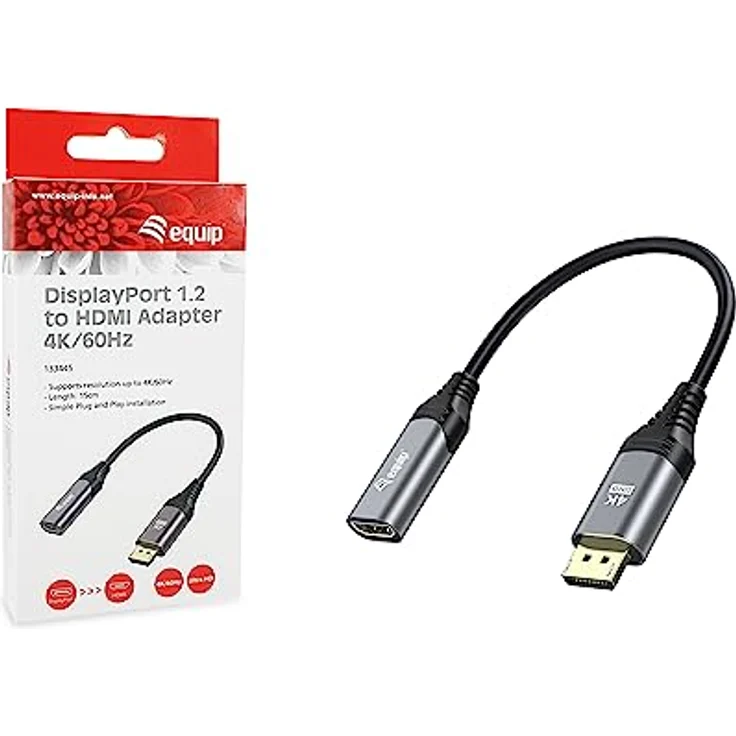 Equip 133445 DisplayPort 1.2-auf-HDMI-Adapter, 4K/60Hz, 15 cm, Aluminiumgehäuse, vergoldete Anschlüsse, HDCP 1.4 und 2.2, HDR-Unterstützung – Bild 2