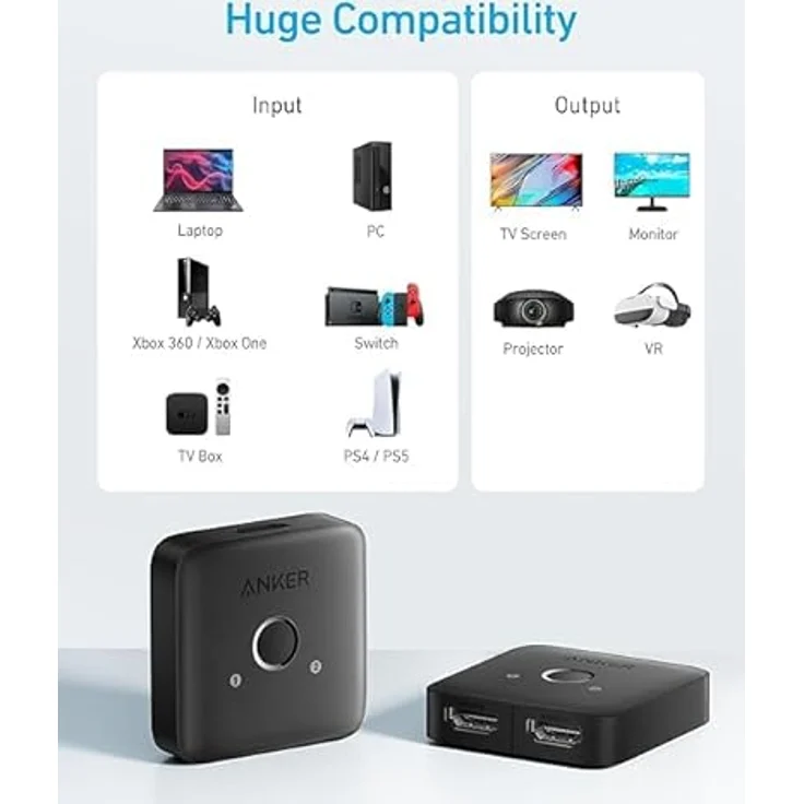 Anker HDMI-Switch, 4K @ 60 Hz, bidirektionaler Switch, 2-in-1-Ausgang, unterstützt HDR, 3D, Dolby, kompatibel mit Laptops, PC, Xbox Series, PS5/PS4, Projektor - glatte Oberfläche – Bild 5