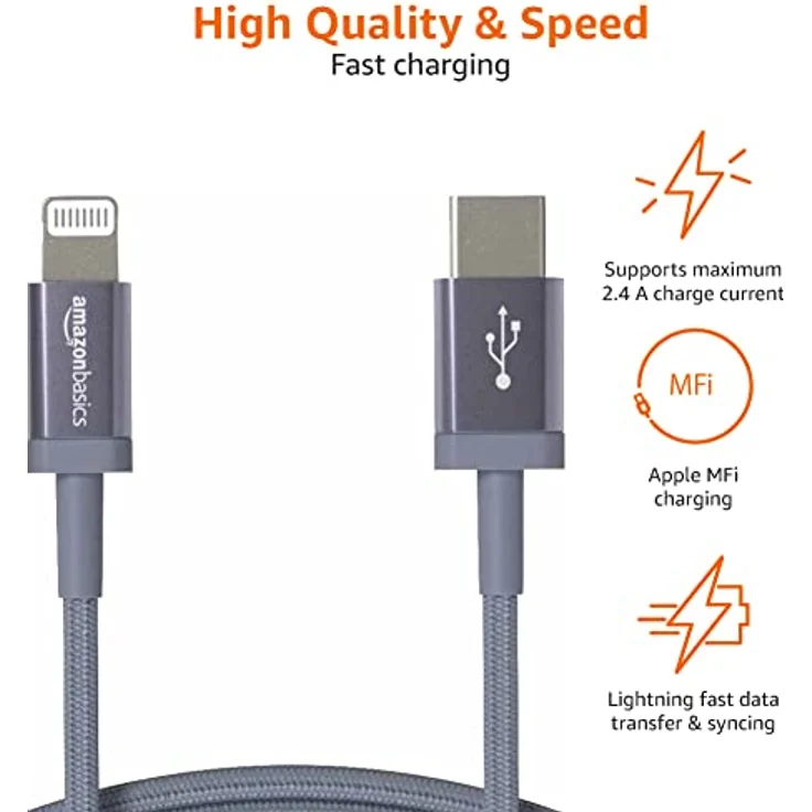 AmazonBasics - USB-C-auf-Lightning-Kabel, geflochtenes Nylon, MFi-zertifiziertes Ladekabel für iPhone 11 Pro-11 Pro Max, Dunkelgrau, 91,44 cm - Preisvergleich – Bild 3