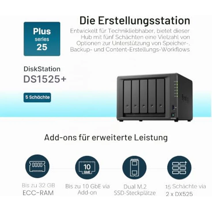 Synology DiskStation DS1525+, 5-Bay NAS mit Ryzen Embedded V1500B, 8 GB DDR4, 25GbE Netzwerk, 0 TB Speicherplatz – Bild 2