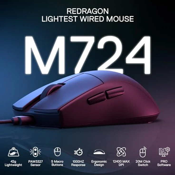 Redragon M724-1K K1NG, ultraleichte kabelgebundene Gaming-Maus mit 12000 DPI und 6 programmierbaren Tasten, schwarz – Bild 2