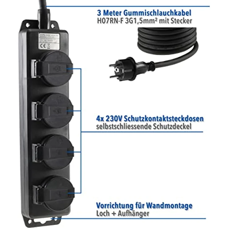 ChiliTec 4-Fach Steckdosenleiste Aussensteckdose mit 4 Schutzkontaktsteckdosen Klappdeckel 3m Kabel IP44 Schwarz – Bild 2