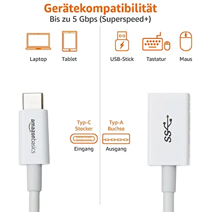AmazonBasics - Adapterkabel, USB-Typ-C-Stecker auf USB-Buchse, USB 3.1, 1. Generation, Weiß – Bild 4
