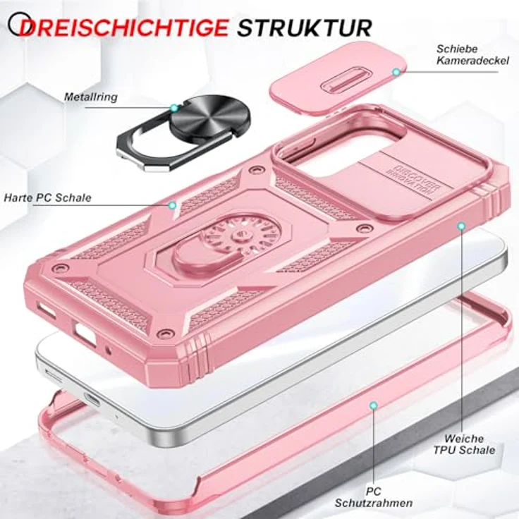 LeYi Militär Hülle für Samsung Galaxy A16 5G, Kamera Schieber Handyhülle mit 2 Displayschutz, kratzfest und stoßabsorbierend, Ringhalterung, Rosa – Bild 3