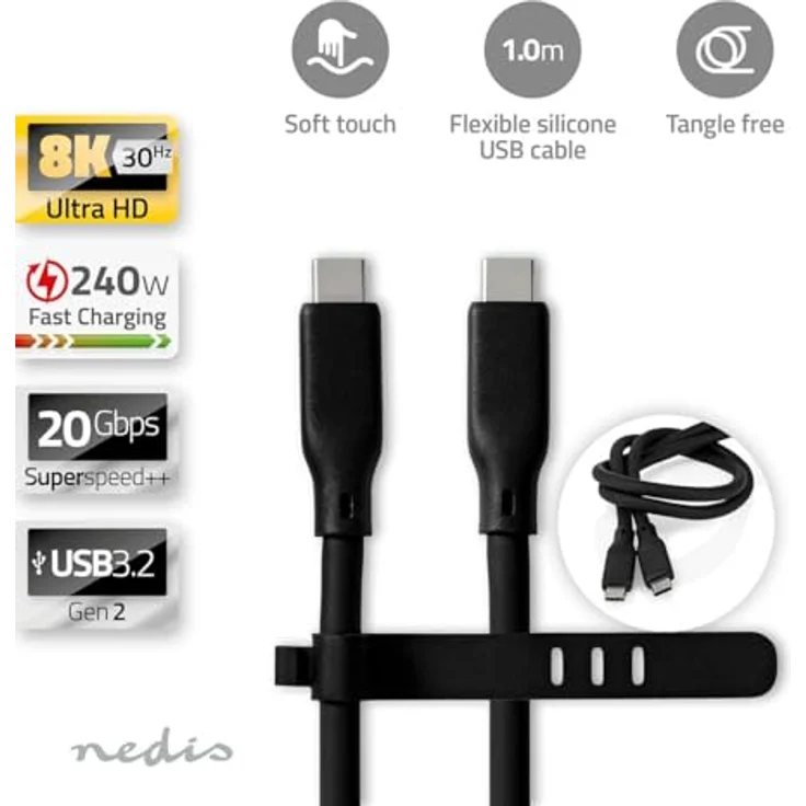 Nedis USB-Kabel USB 3.2 Gen 2, USB-C™ Stecker, 240 W, 8K@30Hz, 20 Gbps, 1.00 m, rund, Silikon, schwarz – Bild 5