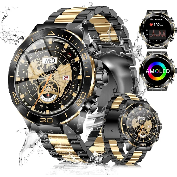MiracDan Herren Militär Smartwatch, AMOLED Display, Metallarmband, 100+ Sportmodi, Telefonfunktion, IP68 Wasserschutz, Schnellladefunktion, umfassende Gesundheitsüberwachung